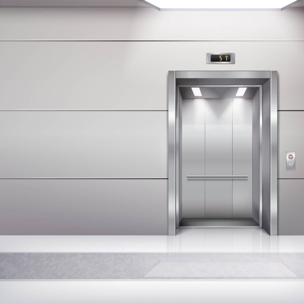 Realistic empty elevator hall interior with waiting lift marble floor ceiling window and grey walls vector illustration